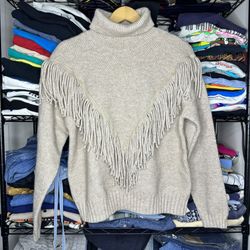 Vintage Entro Cream Fringe Turtle Neck Knitted Long Sleeve Sweater Sz. Medium 