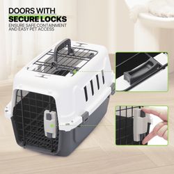 18 Hard-Sided Pet Carrier, Portable Dog Travel Kennel Handbag Cage Transport Box with Handle and 2 Doors, Airline Approved, White/Grey