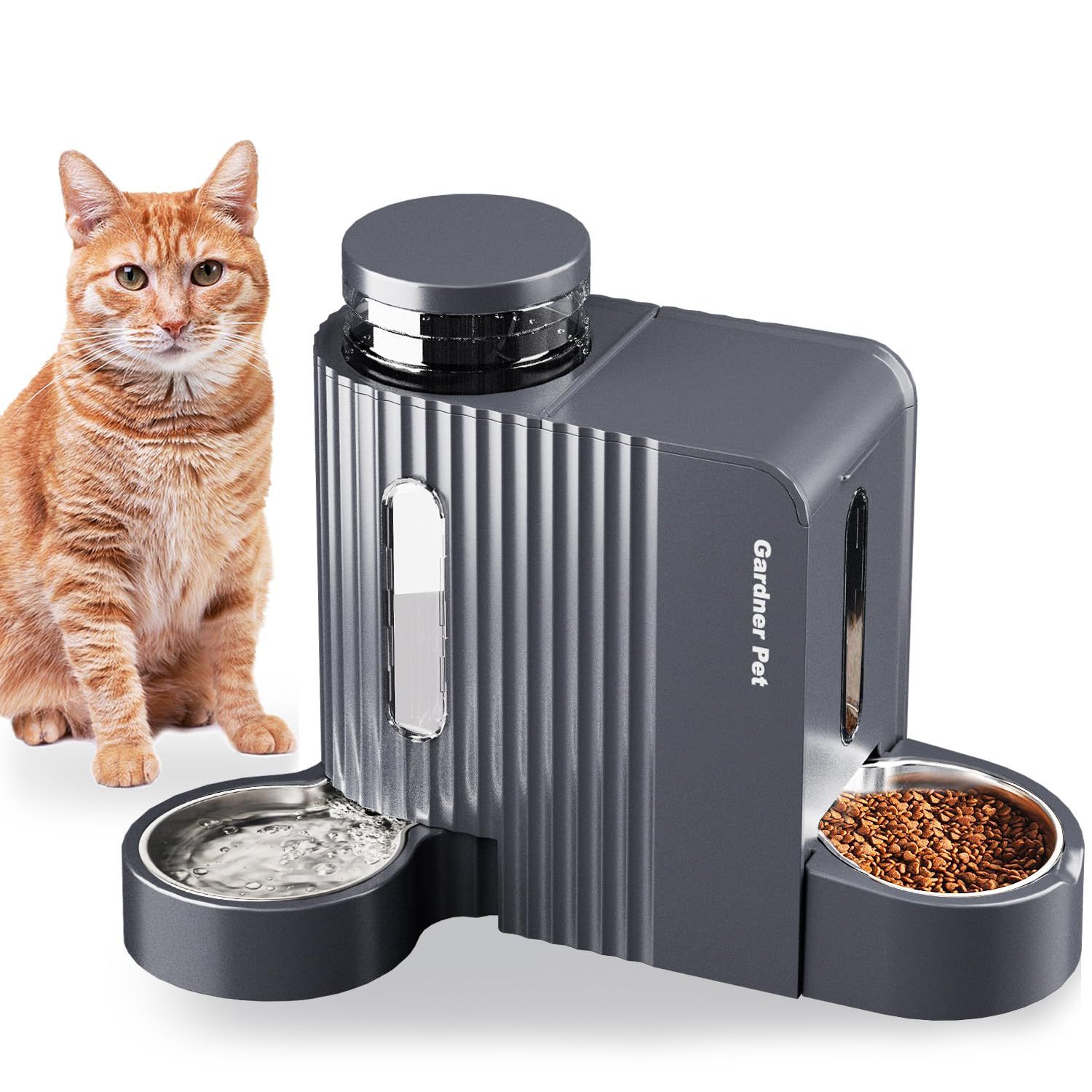 The item pictured is the Gardner Pet Automatic Gravity Cat Food Feeder and Water Dispenser