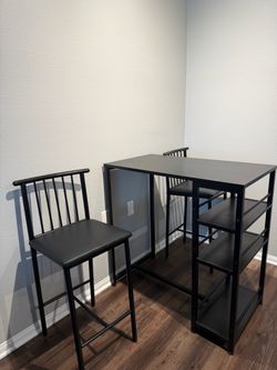 Black Bar Table Set with 2 Stools and Storage Shelves