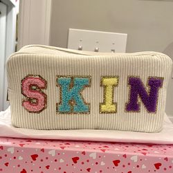 NWOT Chenille Patch Letters SKIN Corduroy Makeup Bag in Cream Ivory Off White