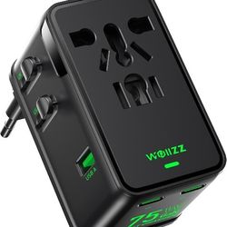 75W Tiny Universal Travel Adapter, GaN Fast Charging European Power Adapter with 5 Ports (1 AC, 1 USB-A, and 3 USB-C), Plug Adapter with Smart Chip fo