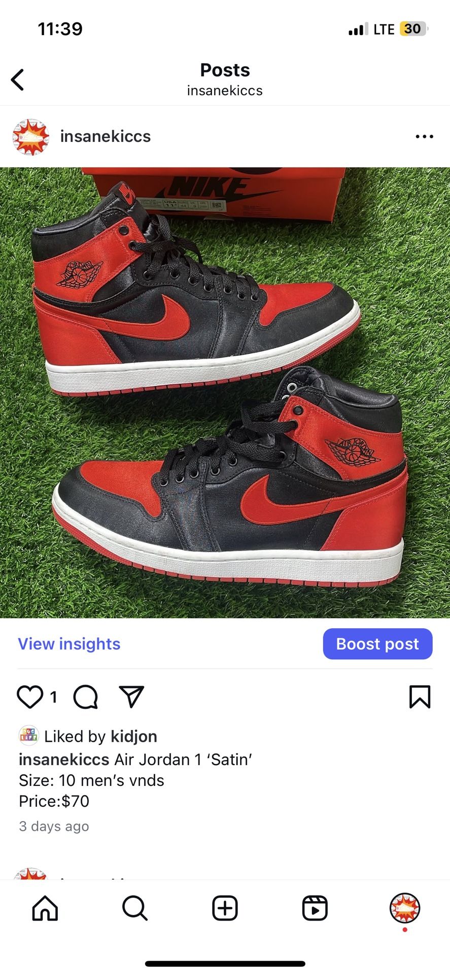 Satin Jordan 1 Size 10