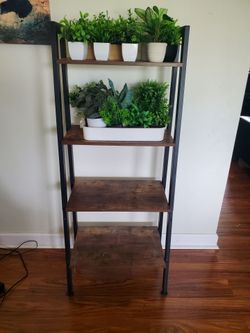 Industrial 4-Tier Shelf with Artificial Plants & Decorative Pots – Modern Farmhouse Decor