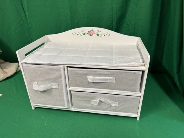 New, firm, Badger Basket Doll Care Station with Three Baskets, Pocket Organizer - White Rose