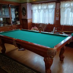 8 Ft Carved Wood Pool Table Dining Table Conversion Leather Pockets & Accessories 