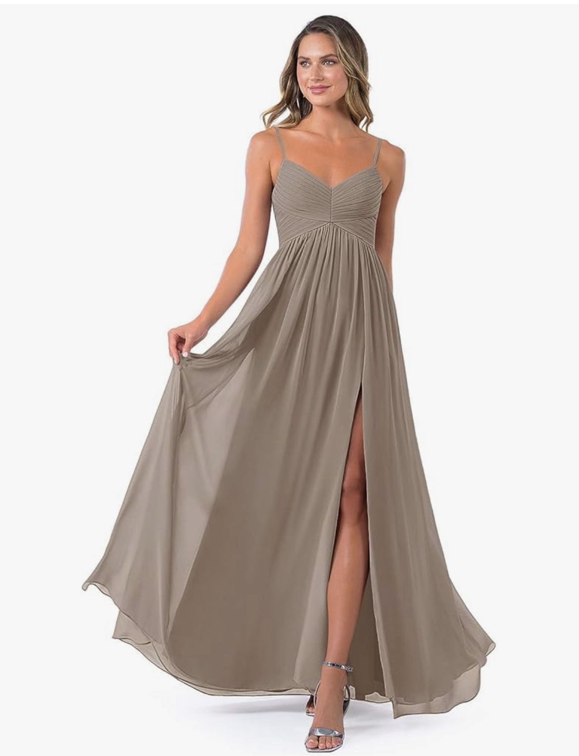 Women's V Neck Bridesmaid Dreses Long for Wedding A-Line Chiffon Open Back Formal Gown with Pockets