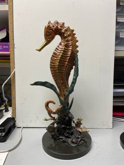 Large Luxurious Brass Seahorse With Fish And Coral Statue