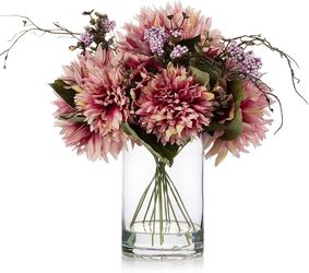ENOVA FLORAL Dahlia Silk Flowers in Vase, Fake Flower Artificial Arrangements in Vase with Faux Water for Dining Table Centerpieces, Home Decor (Purpl
