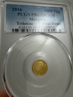 2016 gold coin Mongolia 1000 Tug Trilobite Gold Coin PCGS PR69DCAM