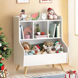 Kids Bookcase and Toy Storage, 3-Tier Wooden Open Bookcase, Baby Book and Toy Storage Organizer with Spacious Top Shelf, White