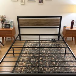 Walnut Wood And Metal Queen Bed Frame