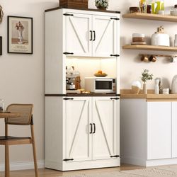 72" Tall Farmhouse Kitchen Pantry Cabinet with 10 Side Shelves and LED Light & Power Outlet, 5 Layers Pantry Storage Cabinet with Barn Doors&Load-Bear