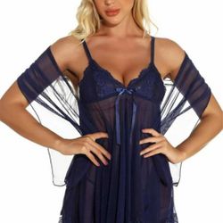Blue mesh 2 pc set babydoll with shawl(include G-Strings) E