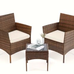 3pcs Patio Furniture Set Stylish Rattan Effect Loveseat, Soft Cushion, Glass Table, and Durable Construction for Backyard, Balcony, Porch, or Poolside