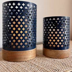 Large Wood And Metal Candle Holder Set