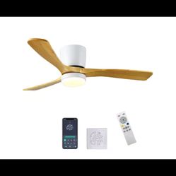 42" Indoor/Outdoor White Modern Flush Mount LED Ceiling Fan w/APP, Wall & Remote