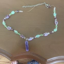 Handmade Necklace, Green And Lavendar Stones