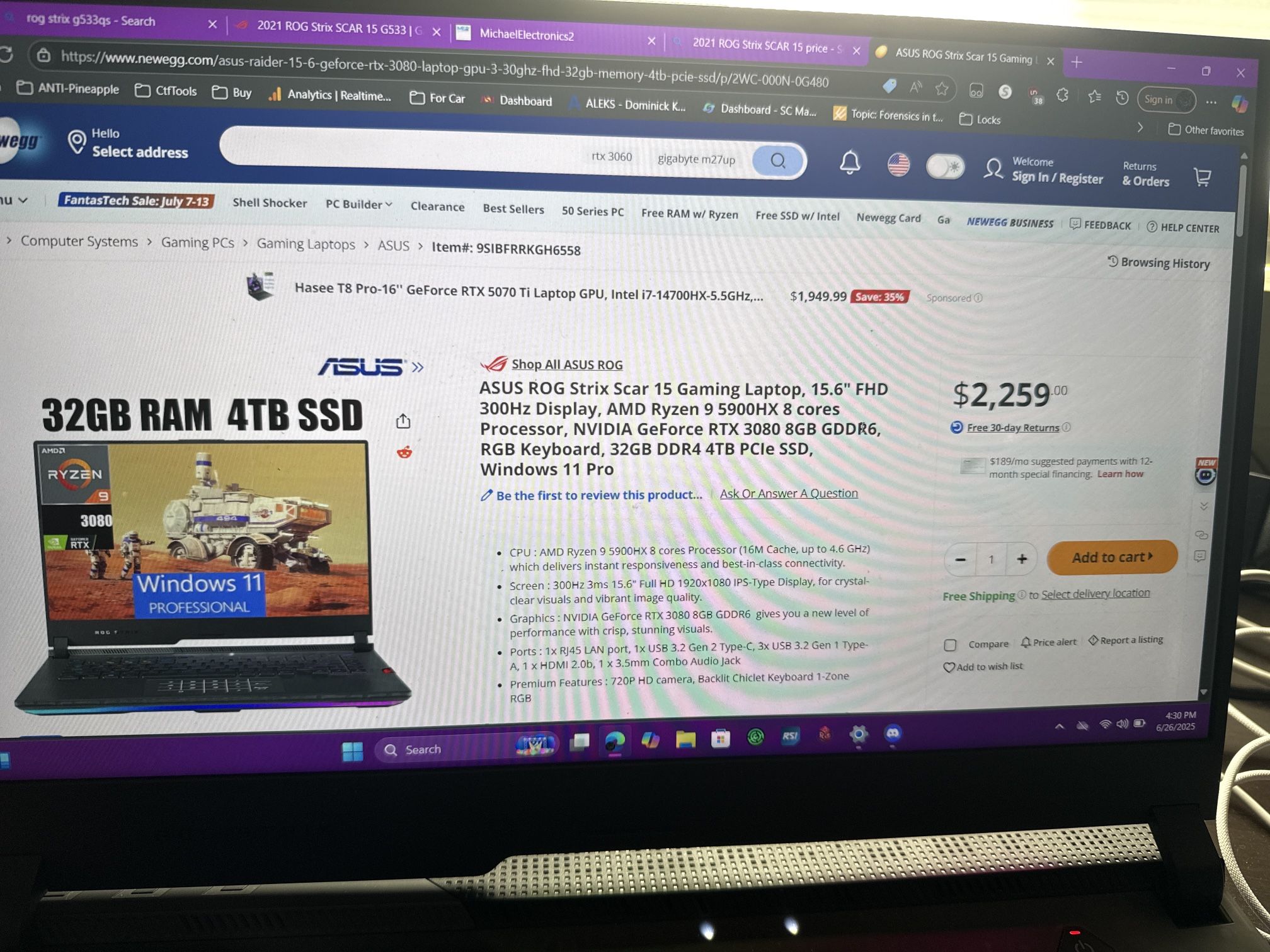 Like New Rog Strix Scar 15 Gaming Laptop