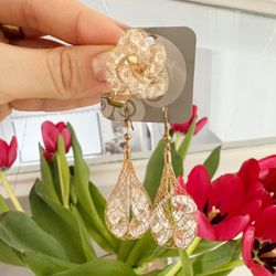 Gold-Tone Dangle With Wire Mesh And Clear Faceted Accents Set Earrings and Ring