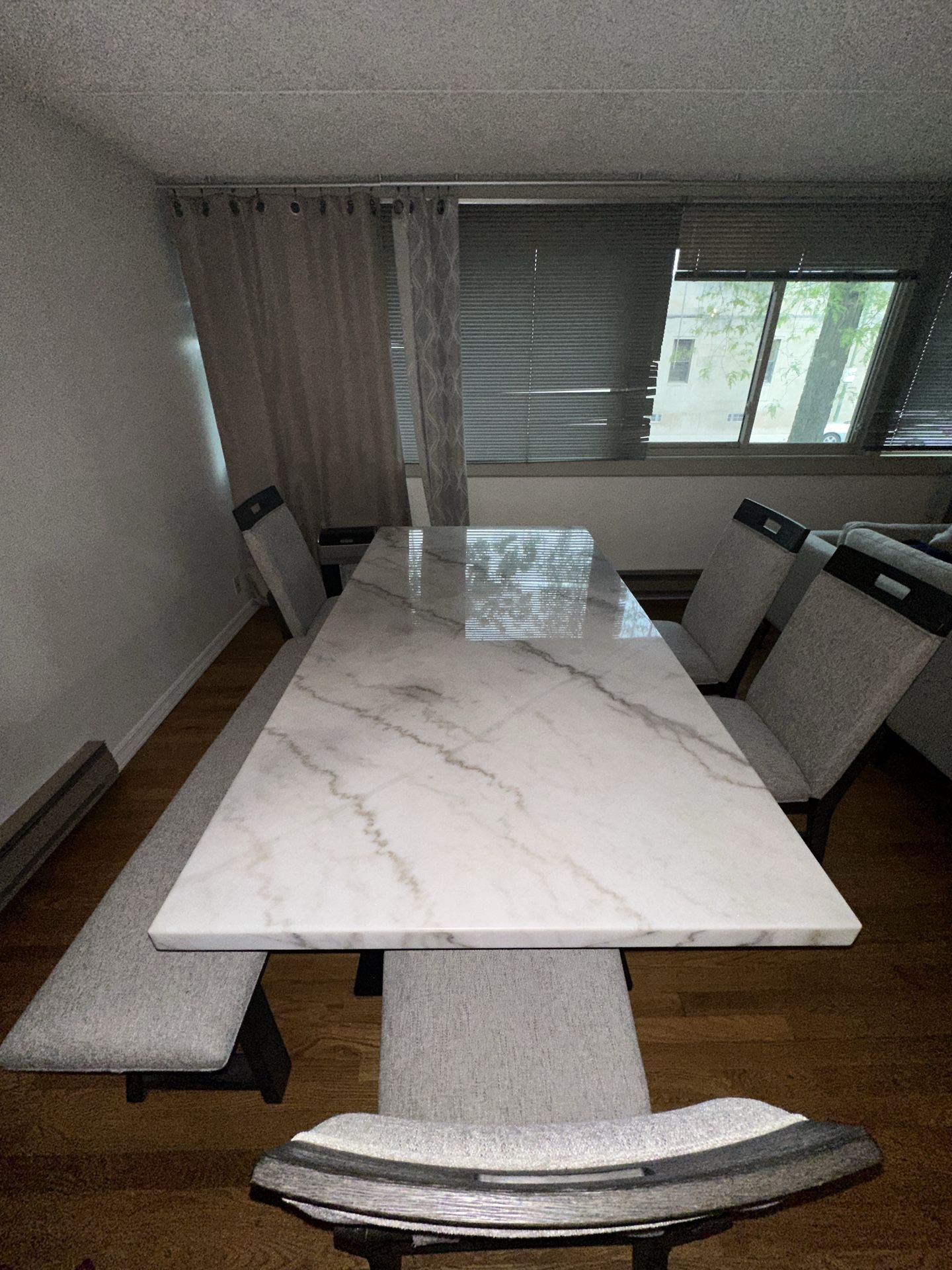 White Marble Table W/ Chairs & Bench