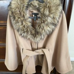 Women's Winter Poncho Cape with Faux Fur Trim