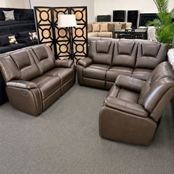 3 Pieces Dark Brown Breathable Air Leather Power Recliner Sofa Set