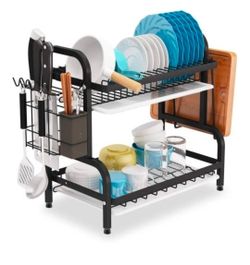 L063BK) Easylife Dish Drying Rack, 2-Tier Compact Drainboard Set, Large Rust-Proof Drainer with Utensil /Cutting Board Holder for Kitchen