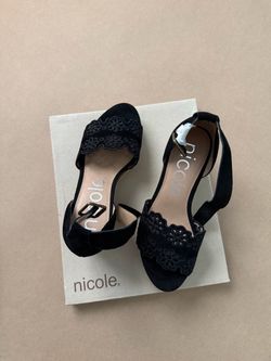 $15.00 , size 6.5 Nicole black floral laser cut espadrille wedge sandals