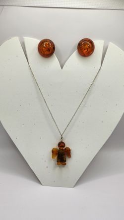 Vintage Genuine Amber Sterling Clip On Earrings And Angel Necklace