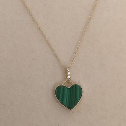 10K Solid Gold x Emerald Green Malachite Heart Pendant Natural Diamond Necklace