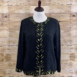 Gunit Vintage Black Beaded Blazer with Green Sequin Leaf Motif, Size Large