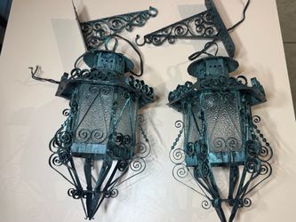 Vintage 1960s Mexican Spanish Revival Tin Wall Lantern Sconces with Textured Glass and Scrollwork