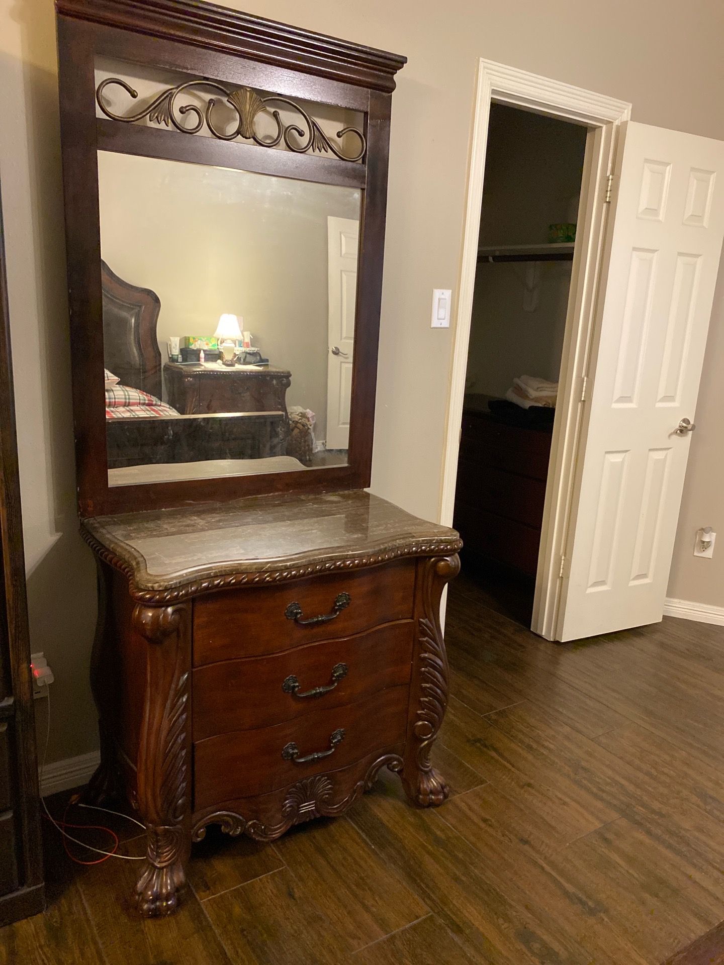 King size bed with electronic adjustable box spring + mattress + dresser vanity and side table