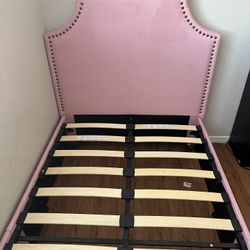 🛏️ Pink Upholstered Bed Frame (Twin Size) – Nailhead Headboard