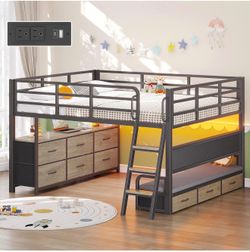 Full Size Low Loft Bed with Desk & Drawers, Oak Gray