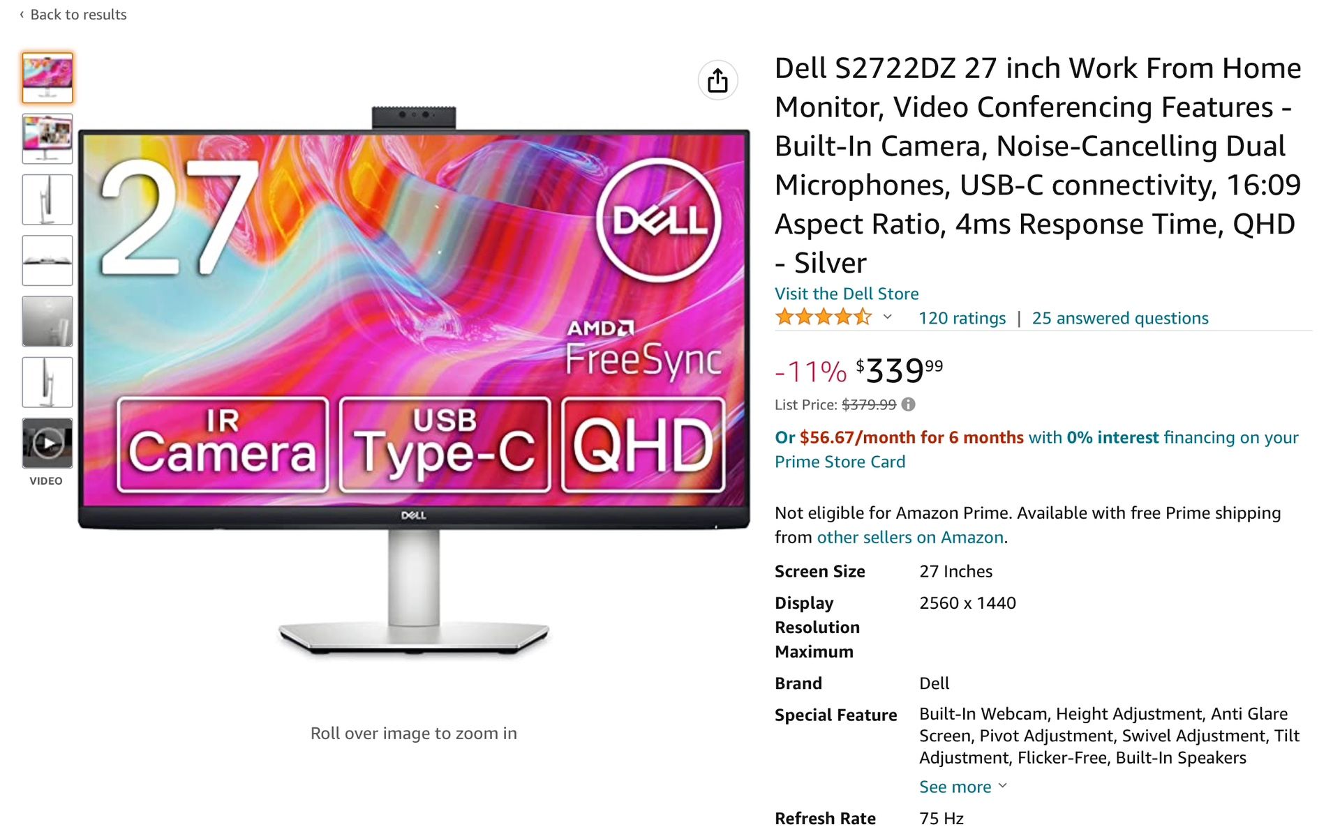 Dell S2722DZ 27 inch Work From Home Monitor, Video Conferencing