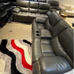 Summer sale event. Madrid, gray leather reclining sofa and loveseat set now $1099. Easy finance option. Same day delivery.