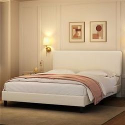 💞 Beige Queen Size Upholstered Bed frame with Fabric Adjustable Headboard$100