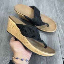 Skechers Beverlee Fancy Black Knit Cork Slip On Wedge Sandals US Women's 8