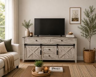 Farmhouse Rustic Gray Tv Stand With Sliding Door