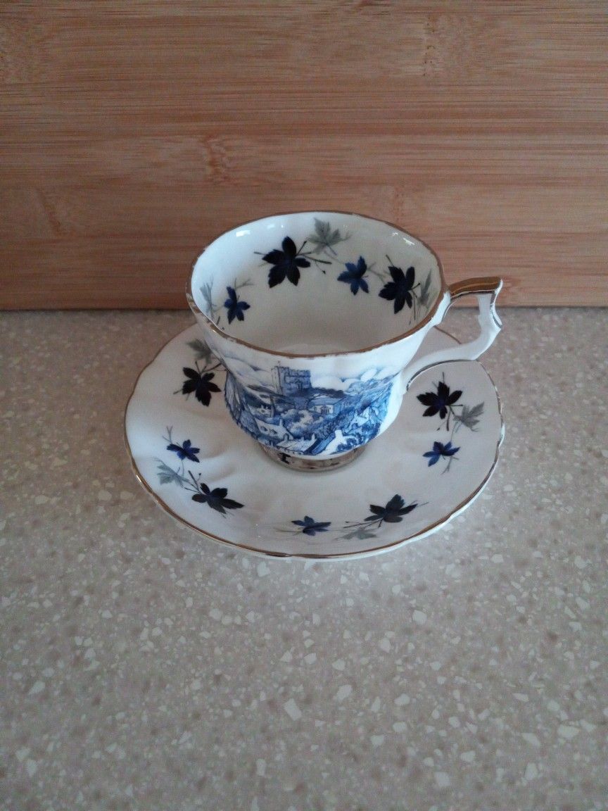 Vintage Royal Windsor Blue Cottage Scene Bone China Cup/Saucer