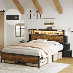 Full Bed Frame with Bookcase Headboard and 6 Headboard Storage Drawers LED Lights Metal Platform Non-Slip Without Noise Metal Slats Support No Box Spr