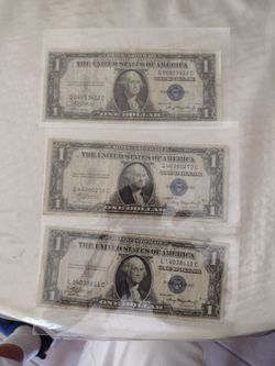 3 billetes de 1 dólar cello azul