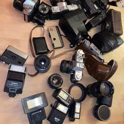 Film Camera, Lens, And Flash Bundle