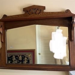 Antique Arts & Crafts Oak Fireplace Overmantel Mirror Circa 1910’s Craftsman 49” Art Nouveau Mission