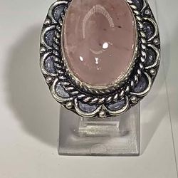 Rose Quartz Silver Ring Ornate Design