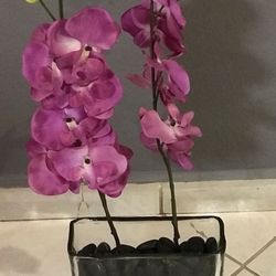 Glass Vase With Faux Orchid Flowers