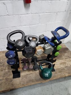 $140 Rack plus Pair Dumbells as appear, kettlebels.
Used Condition.  
Little Havana  Miami 33130. Delivery for extra
