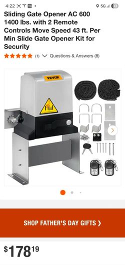 Remotes
Shop VEVOR
Sliding Gate Opener AC 600 1400 lbs. with 2 Remote Controls Move Speed 43 ft. Per Min Slide Gate Opener Kit for Security